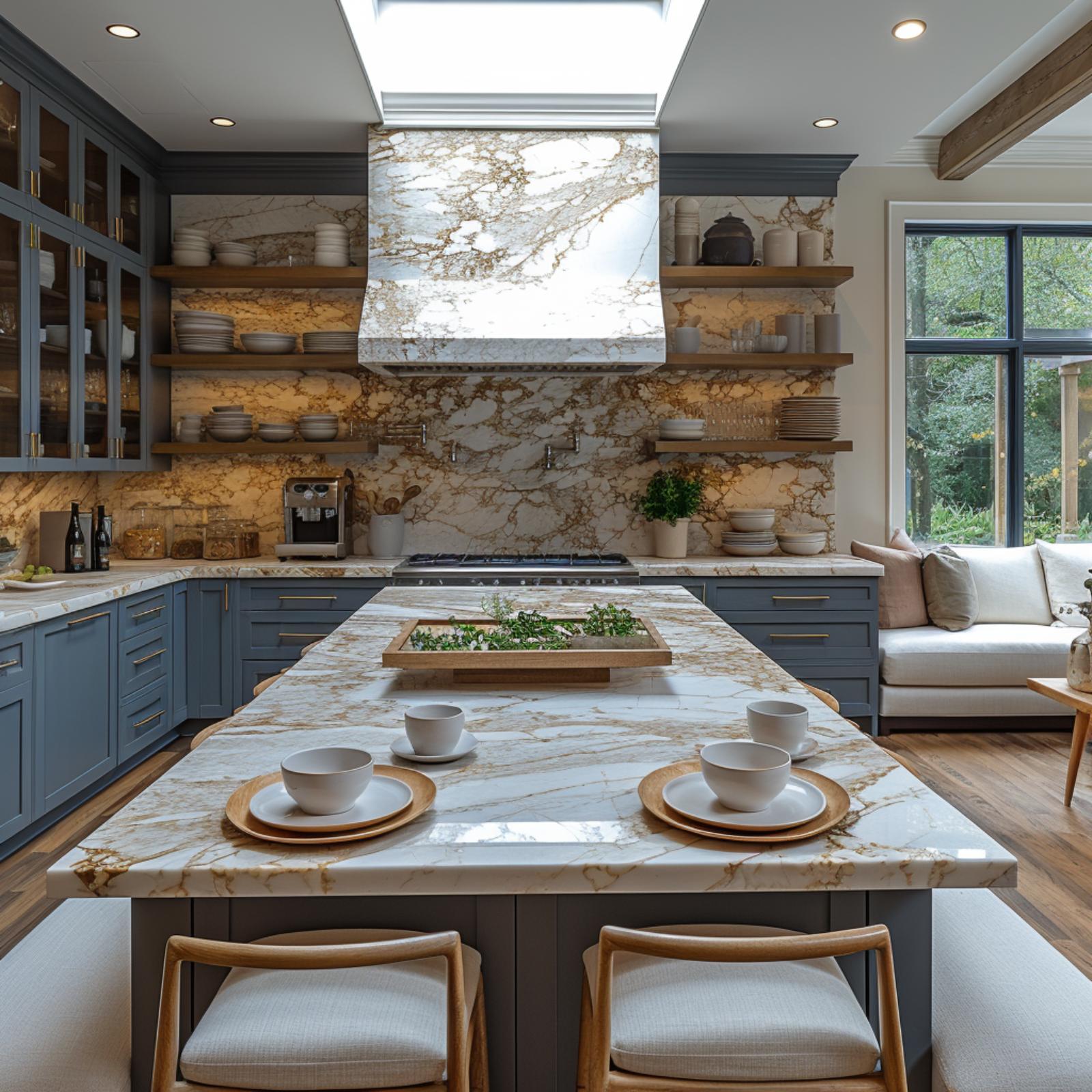 Blue-Gray Cabinets, Gold-Veined Marble, and Open Shelves That Hold Their Own