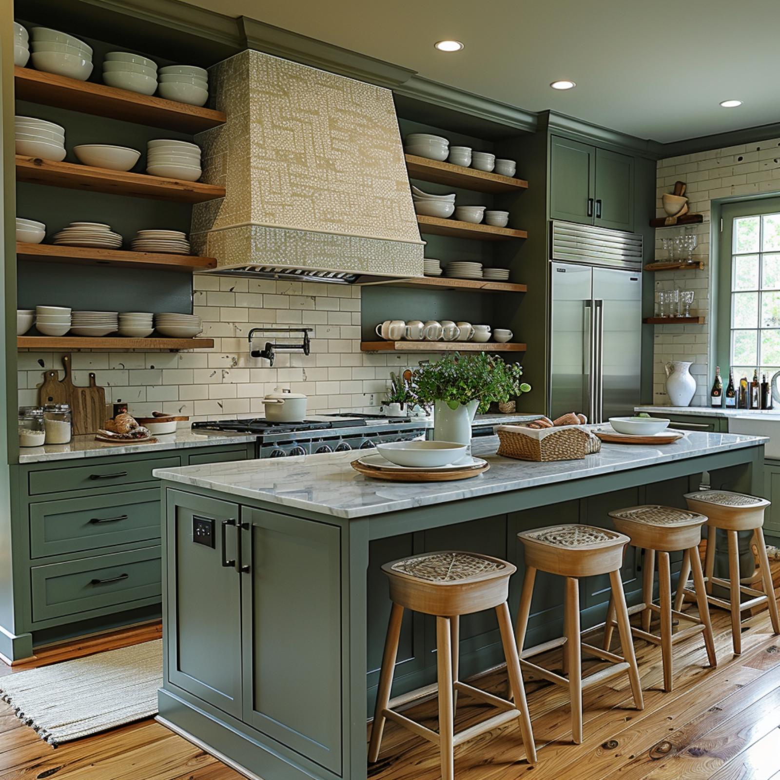 Muted Green Cabinets, Wood Shelves, and a Hood That Earns the Spotlight