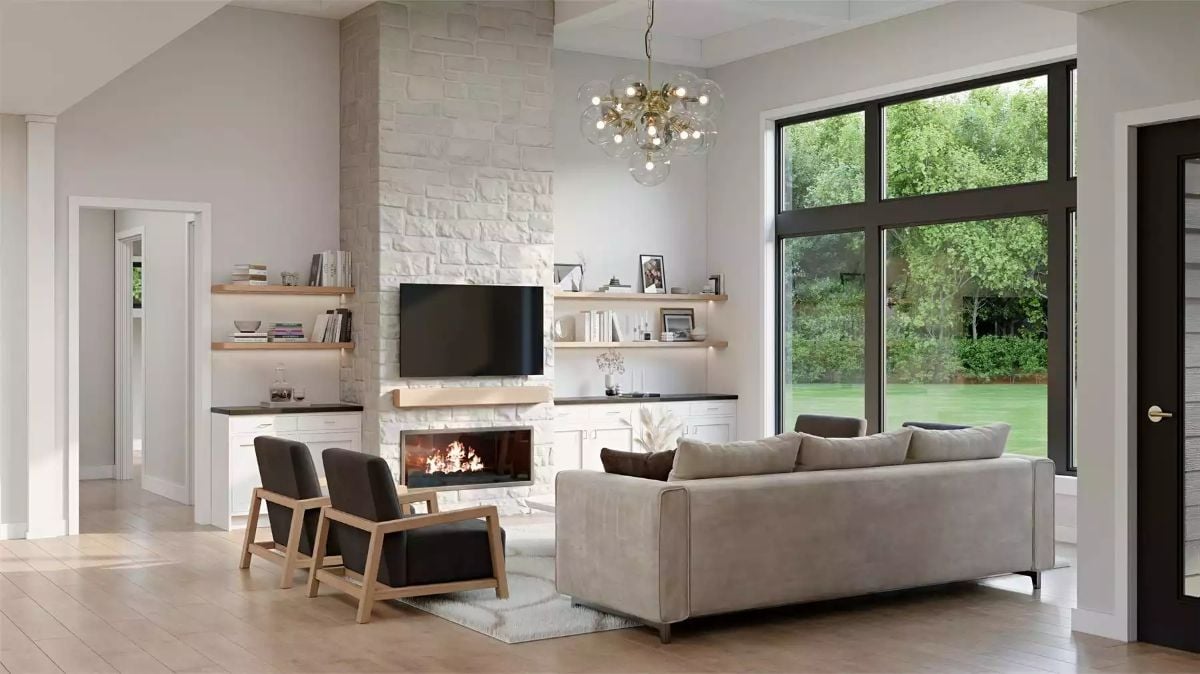 Whitewashed Stone Fireplace Wall With Built-Ins That Actually Earn Their Keep