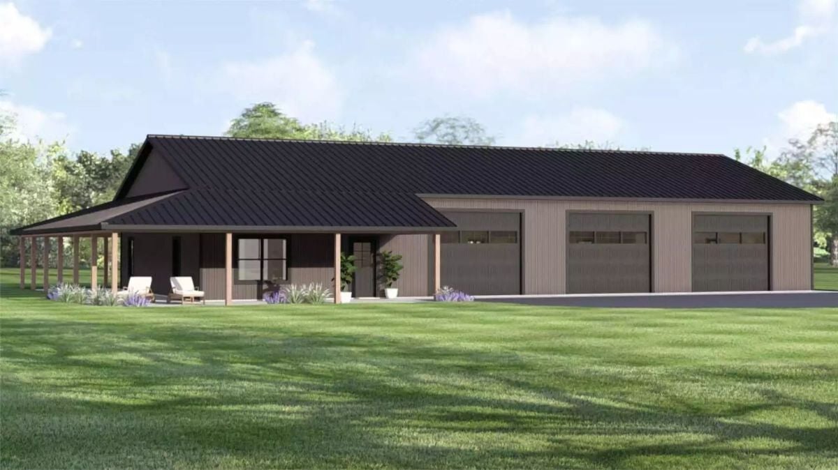 Lockefield 2-Bedroom Barndominium with Wraparound Porch and 3-Car Garage (Floor Plan)