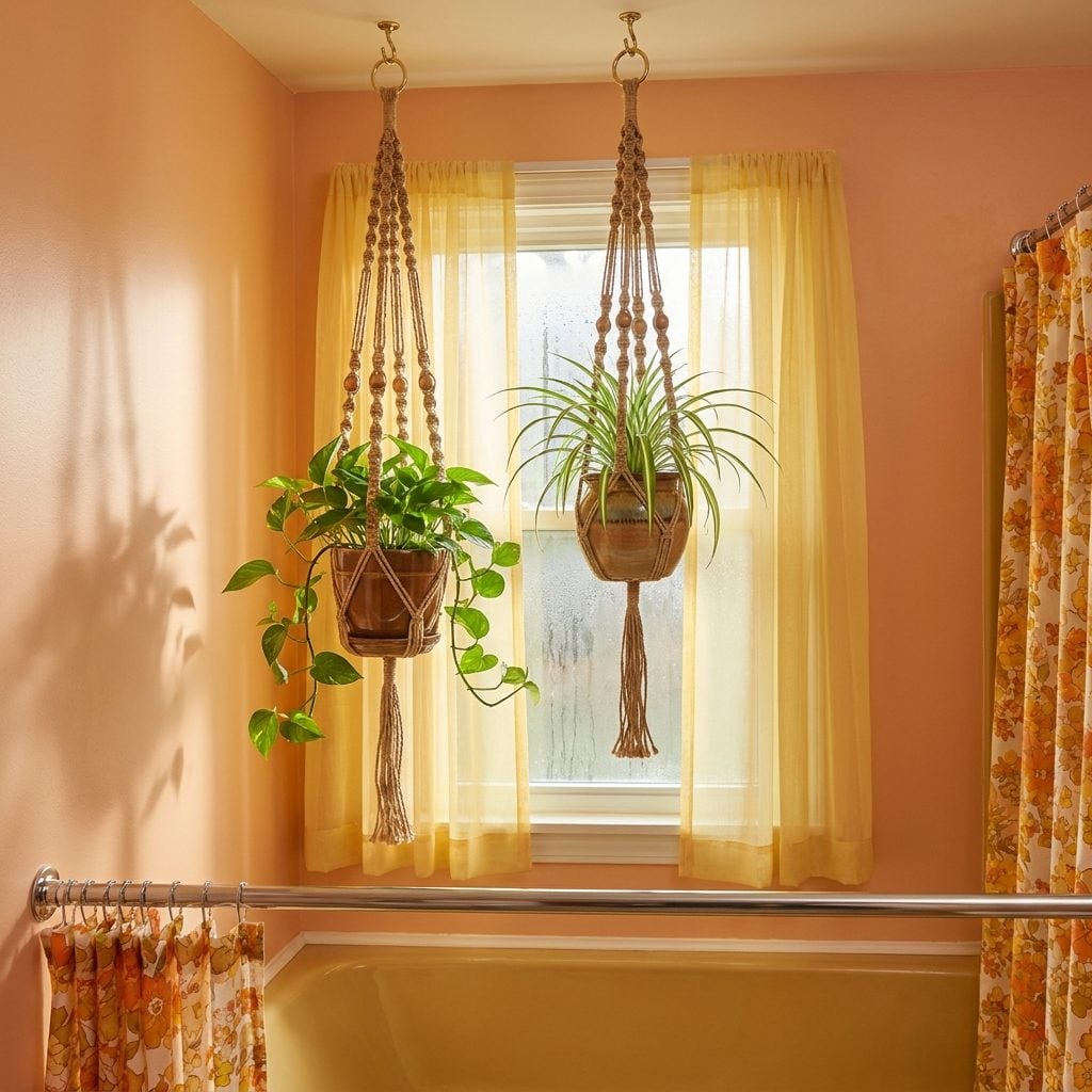 Macramé Plant Hangers Dangling Near the Bathroom Window Like Textile Jellyfish