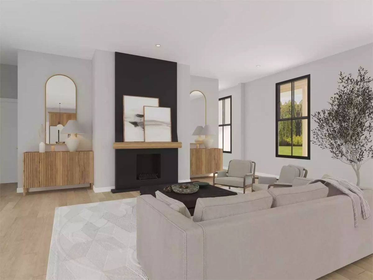 Moody Fireplace Wall Anchors a Living Room Built Around Real Comfort