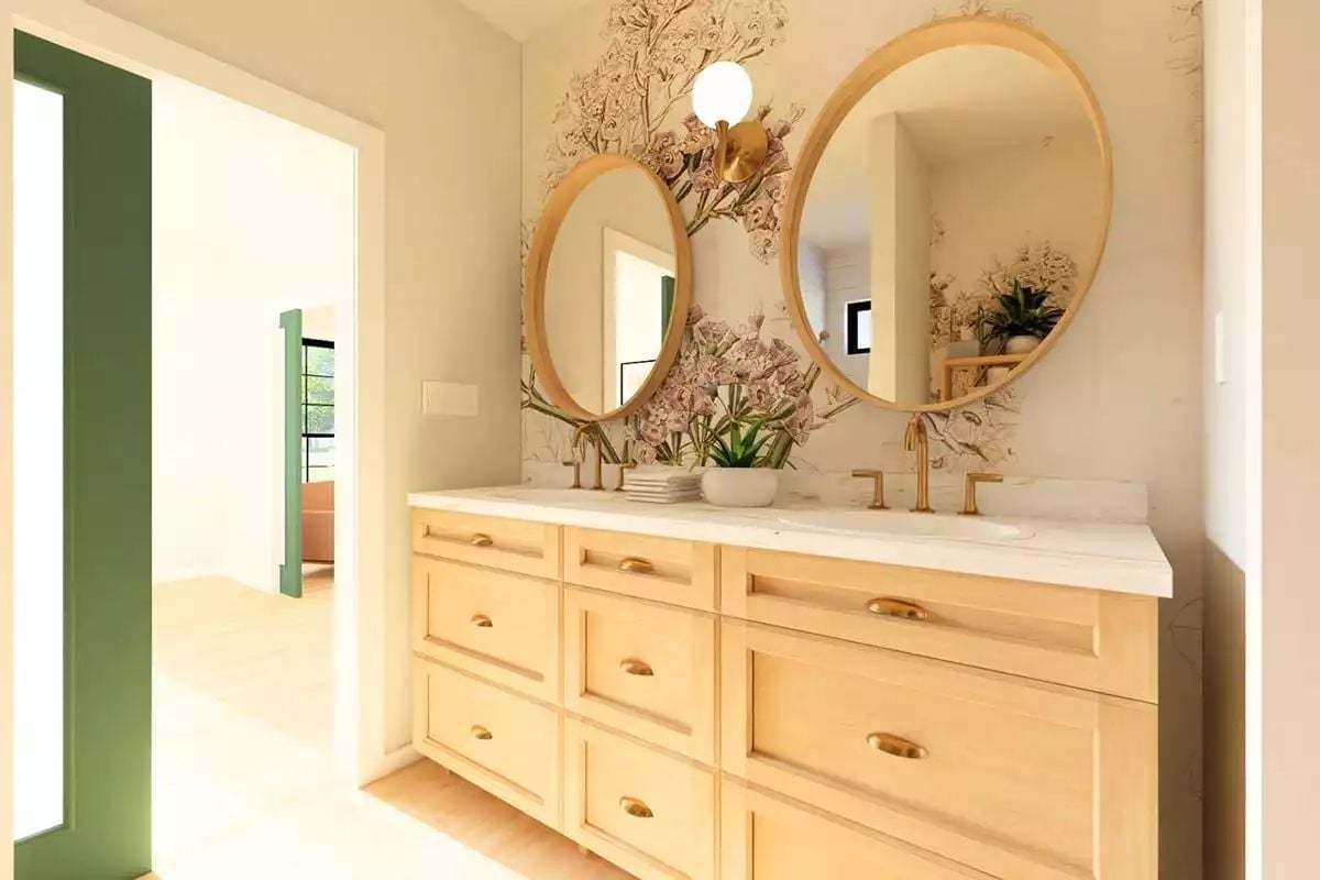 Gold Hardware and Floral Wallpaper Give This Double Vanity Real Character
