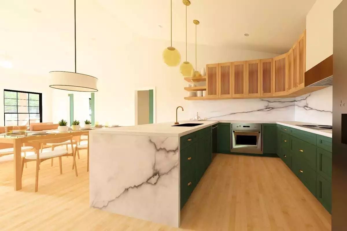 Green Cabinets and Marble Waterfall Island Set the Tone in This Open Kitchen