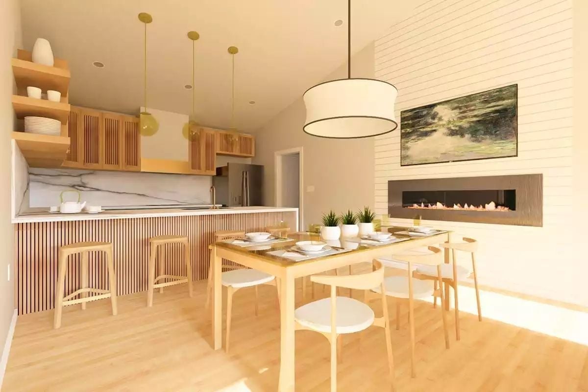Slatted Wood and a Linear Fireplace Make This Kitchen-Dining Combo Work Hard
