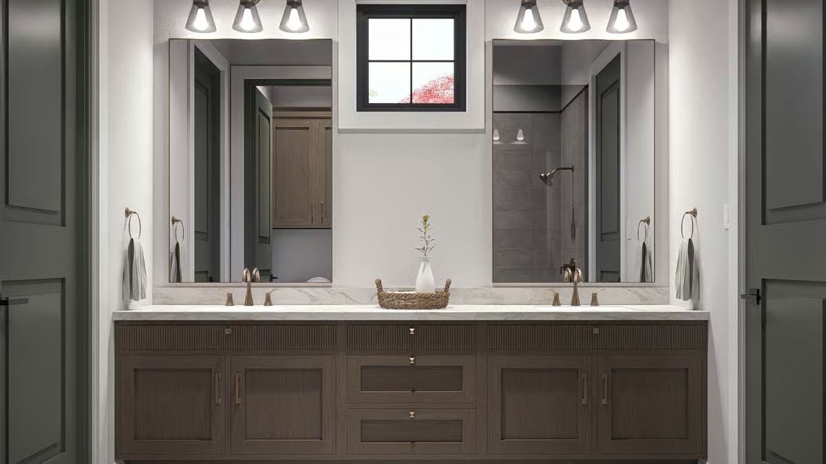 Double Vanity With Reeded Fronts and Two Sinks Nobody Has to Fight Over