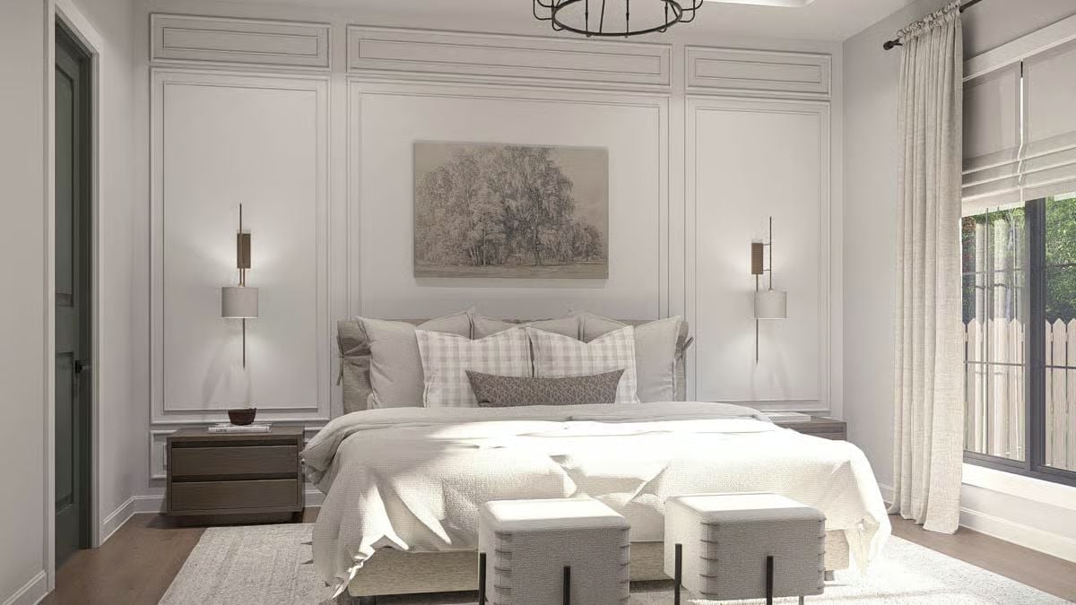 Wall Molding, Sconce Pairs, and Pillows Stacked With Actual Purpose