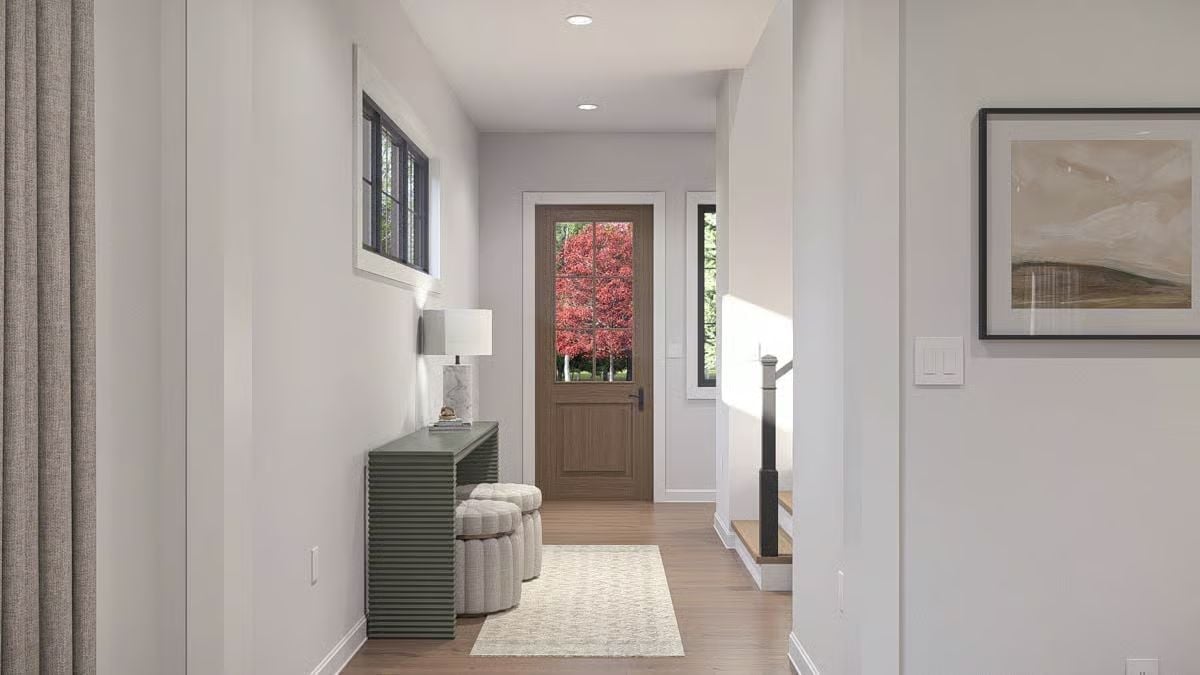 Warm Wood Door, Red Tree Outside, and a Console That Actually Earns Its Spot