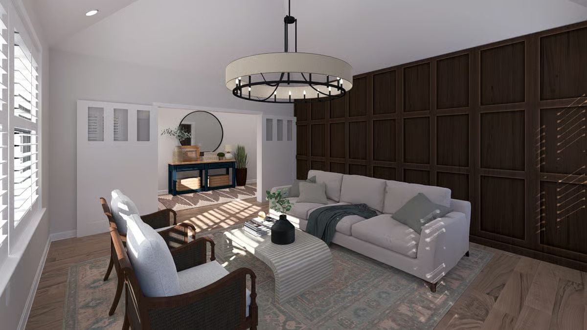 Dark Paneled Wall Does All the Heavy Lifting in This Living Room