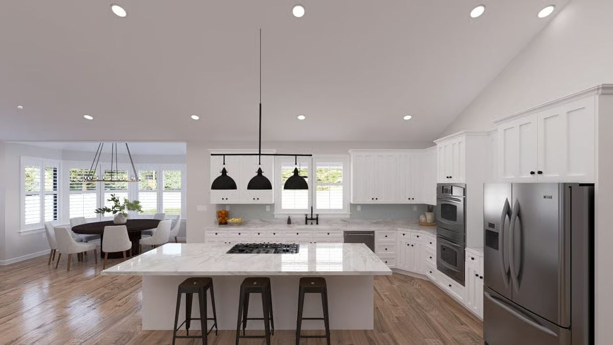 Marble Island with a Gas Cooktop Puts the Cook Right in the Middle of Everything