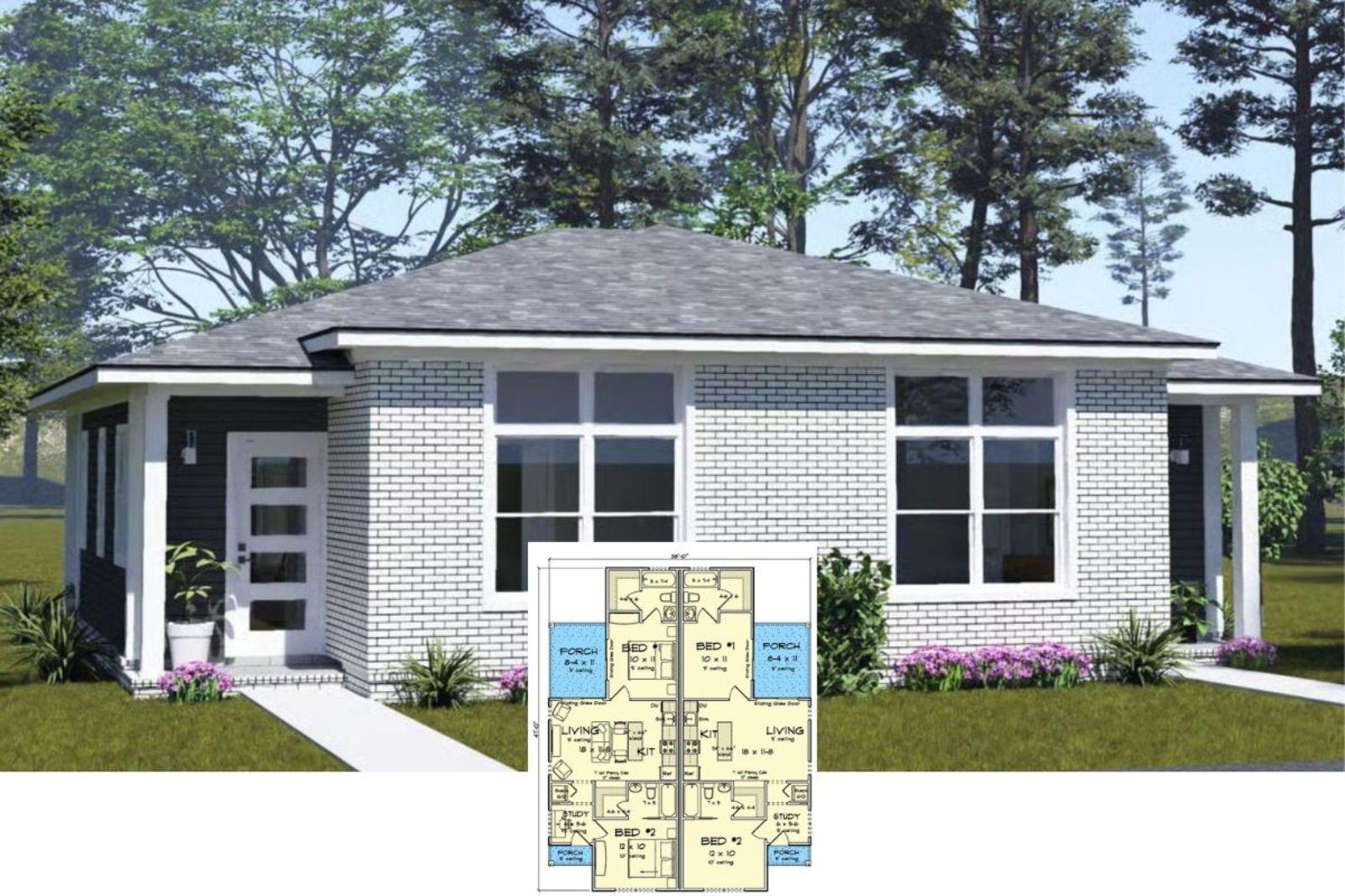 Modern-Style Cottage Duplex with 4 Bedrooms and Covered Back Porches (Floor Plan)