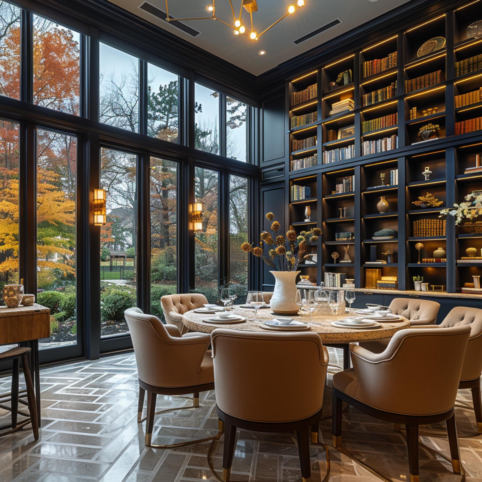 Built-In Bookshelves, a Round Granite Table, and Midnight Navy That Owns the Room