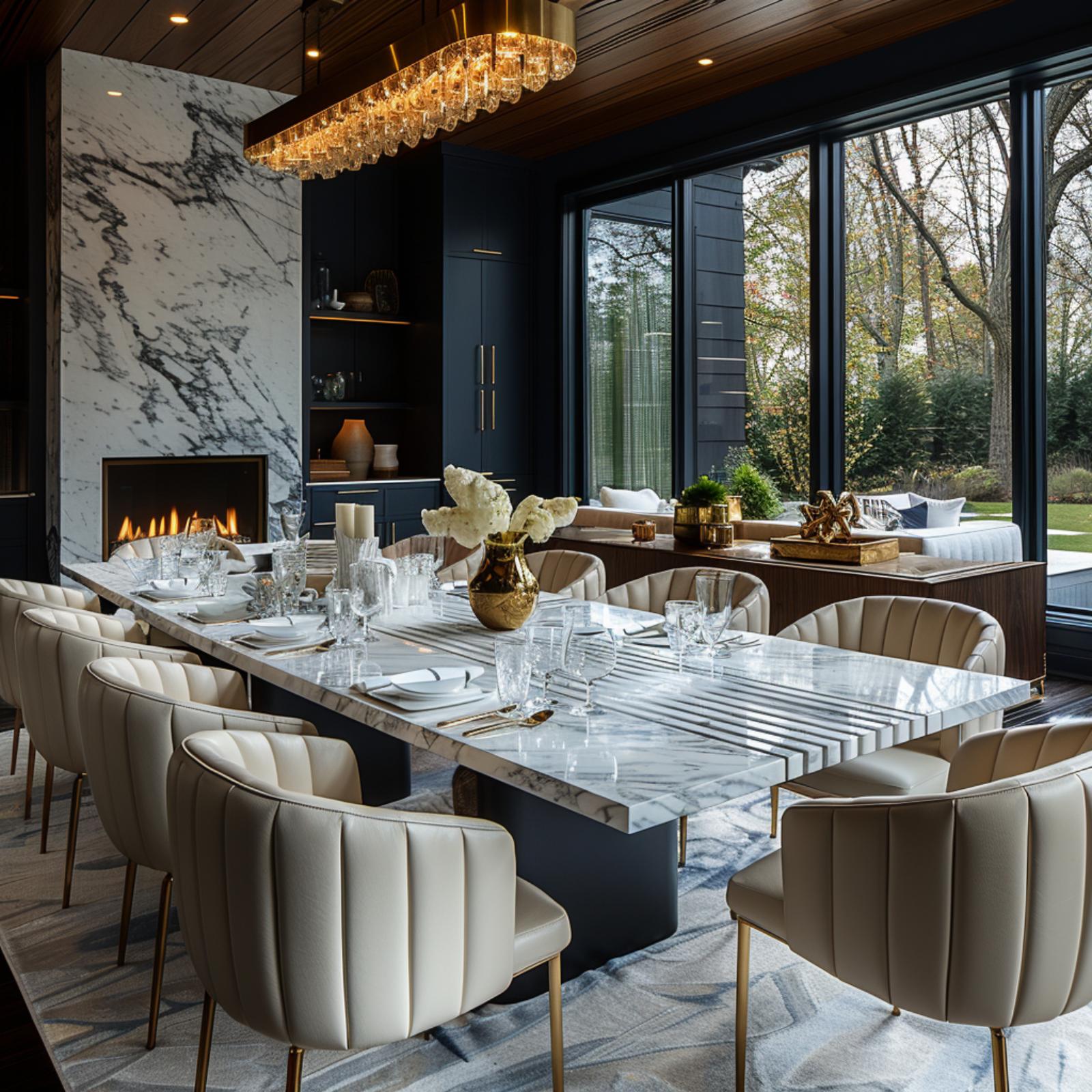 Marble Table, Crystal Chandelier, and Midnight Navy That Lets Other Materials Shine