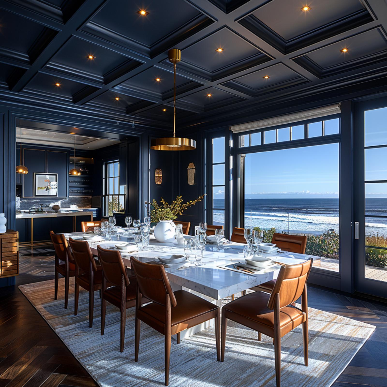 Coffered Ceiling Over Ocean Views, and Midnight Navy Earning Its Drama