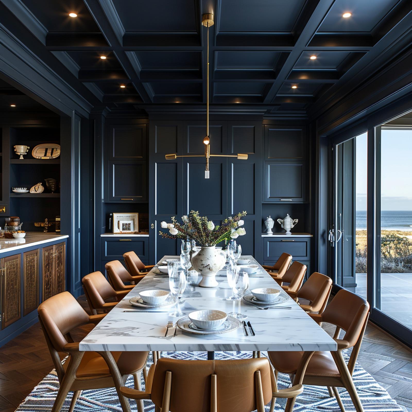 Coffered Navy Ceiling, Marble Table, and Leather Chairs That Mean Business