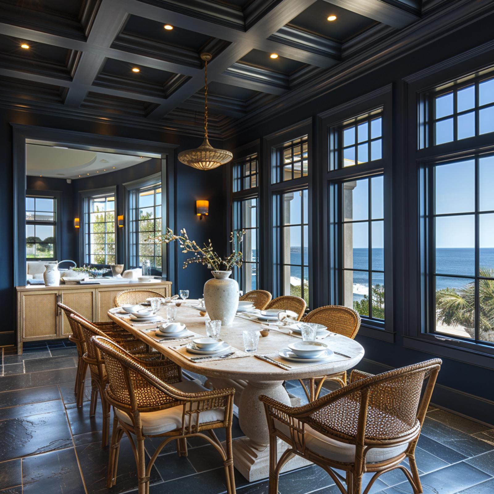 Rattan Chairs, Stone Table, and Navy Walls That Make the Ocean View Work Harder