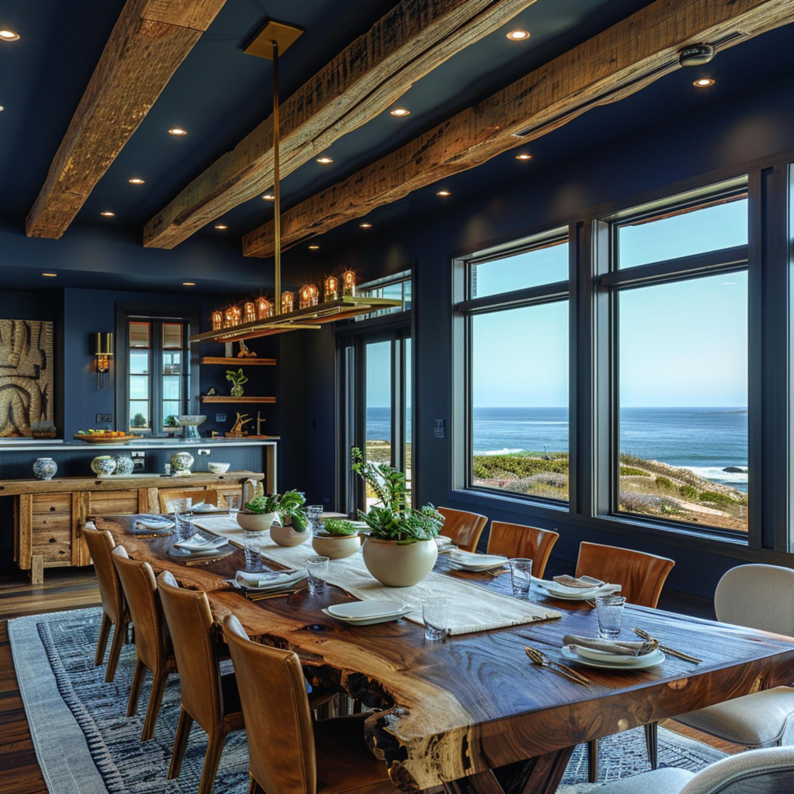 Live-Edge Walnut, Exposed Beams, and Midnight Navy Doing Something Right by the Coast