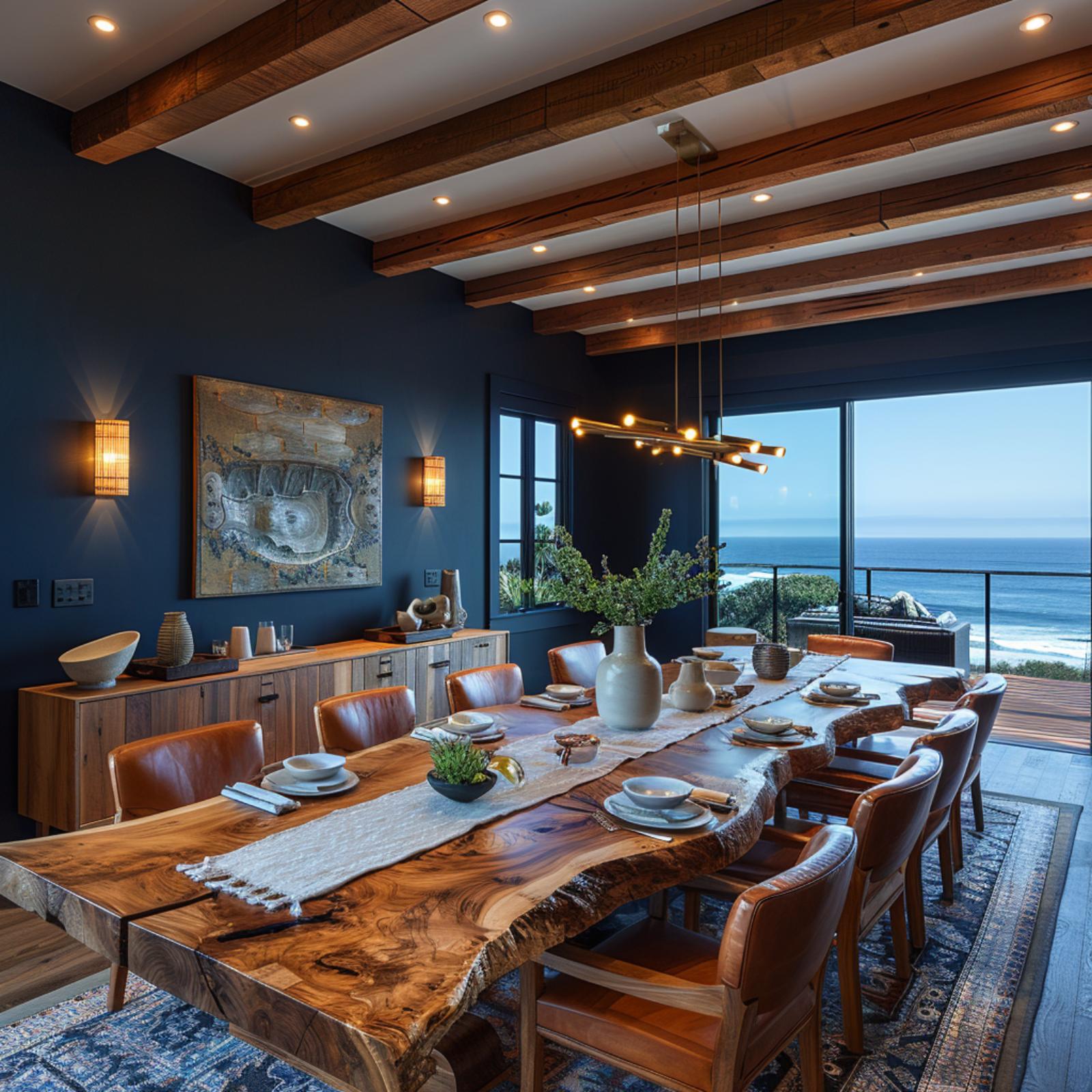 Live-Edge Slab, Leather Chairs, and Midnight Navy That Owns the Ocean View