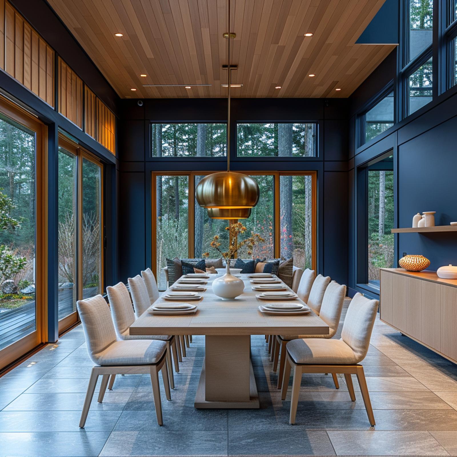Cedar Ceiling, Brass Pendant, and Midnight Navy That Knows How to Share