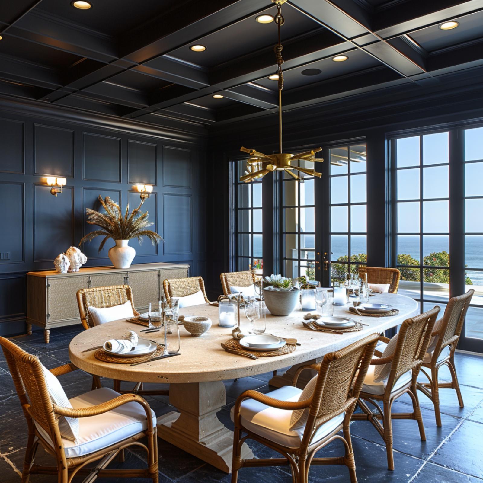 Travertine Table, Coffered Midnight Ceiling, and Rattan That Pulls the Ocean Inside