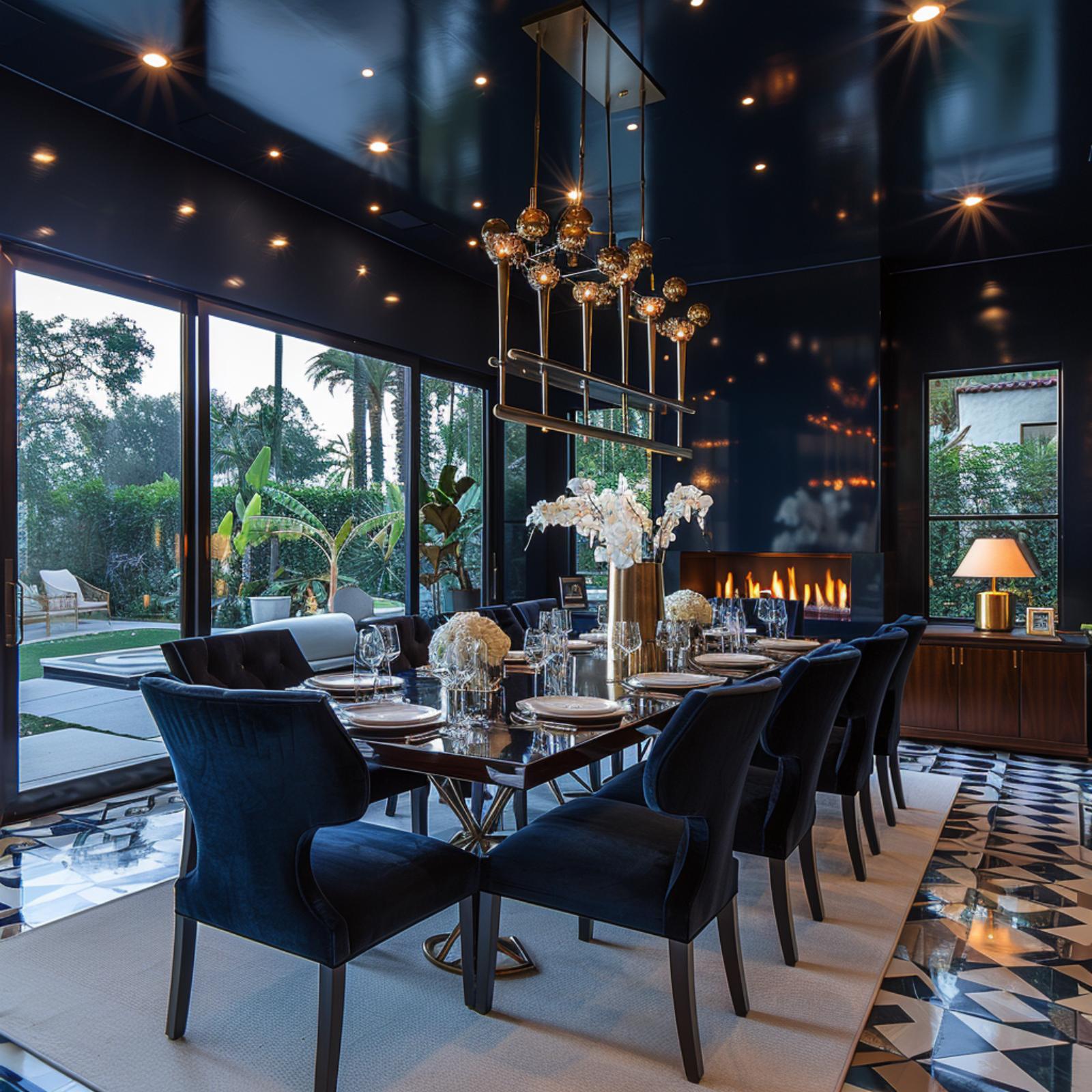 Lacquered Navy Ceiling, Velvet Chairs, and a Fireplace That Makes Guests Stay Longer