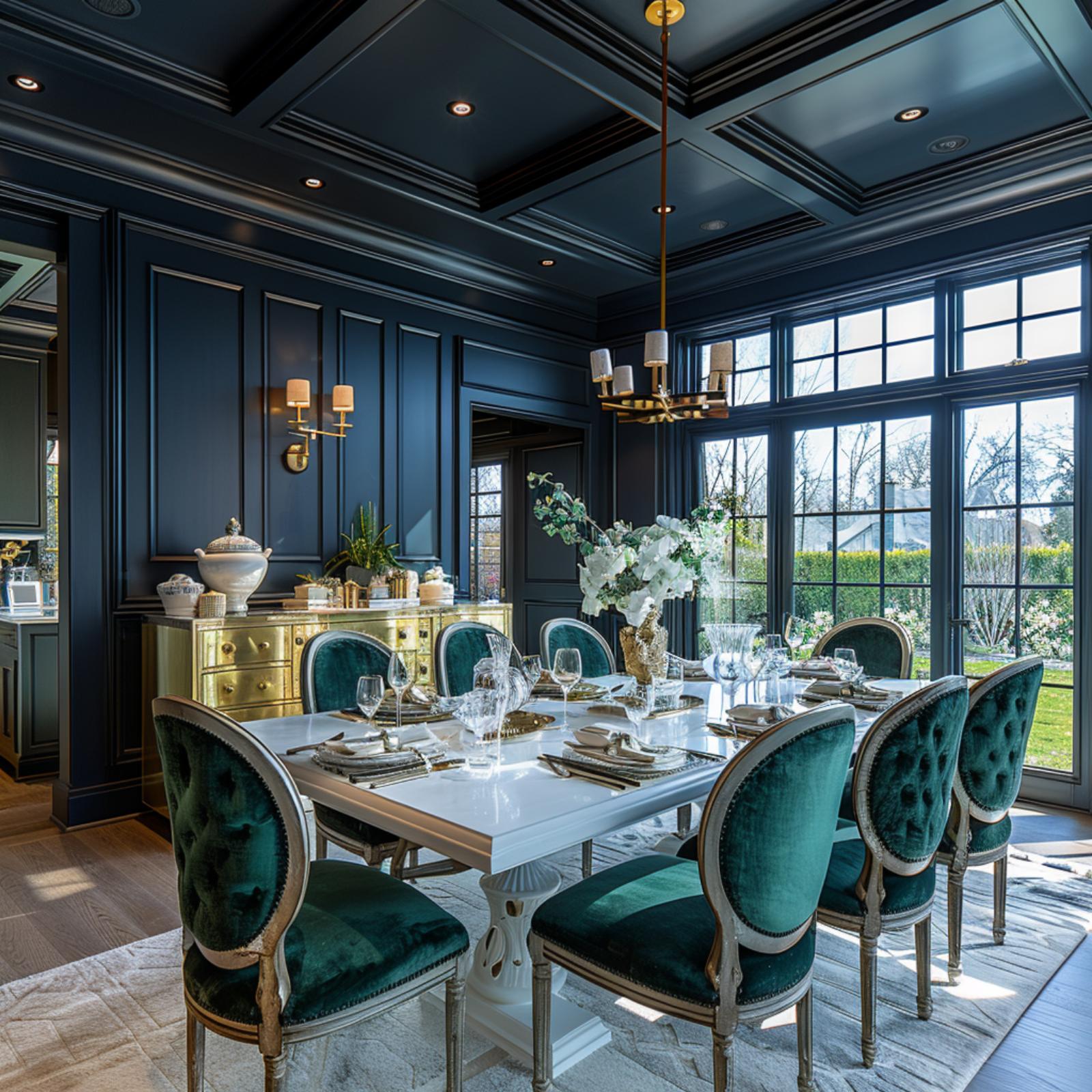 Coffered Ceiling, Gold Sideboard, and Midnight Navy Pressed Into Every Surface