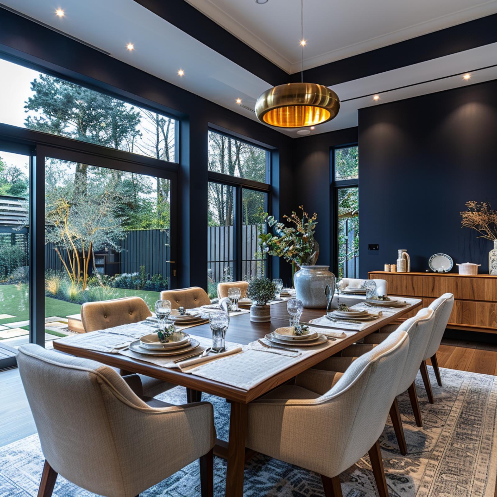 Walnut Table, Brass Dome Pendant, and Midnight Navy That Makes Dinner Feel Earned