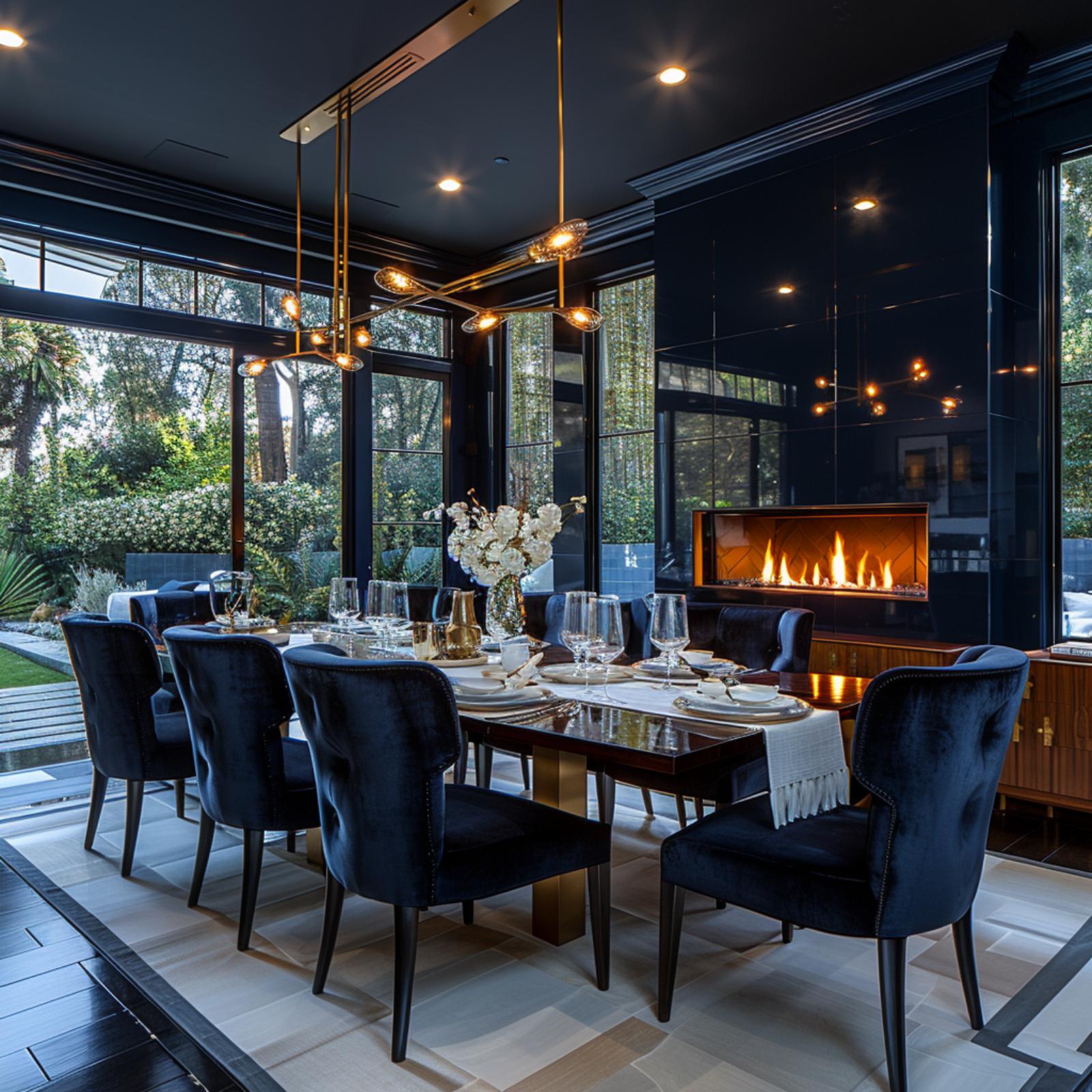 Lacquered Navy Walls, a Linear Fireplace, and Velvet That Earns Its Place at the Table