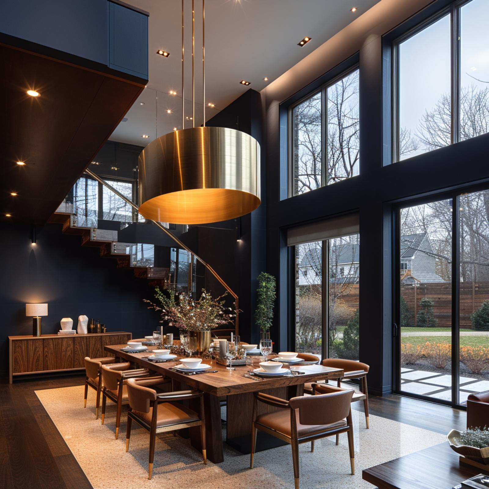 Brass Drum Pendant, Double-Height Glass, and Midnight Navy That Makes Dinner Feel Ceremonial