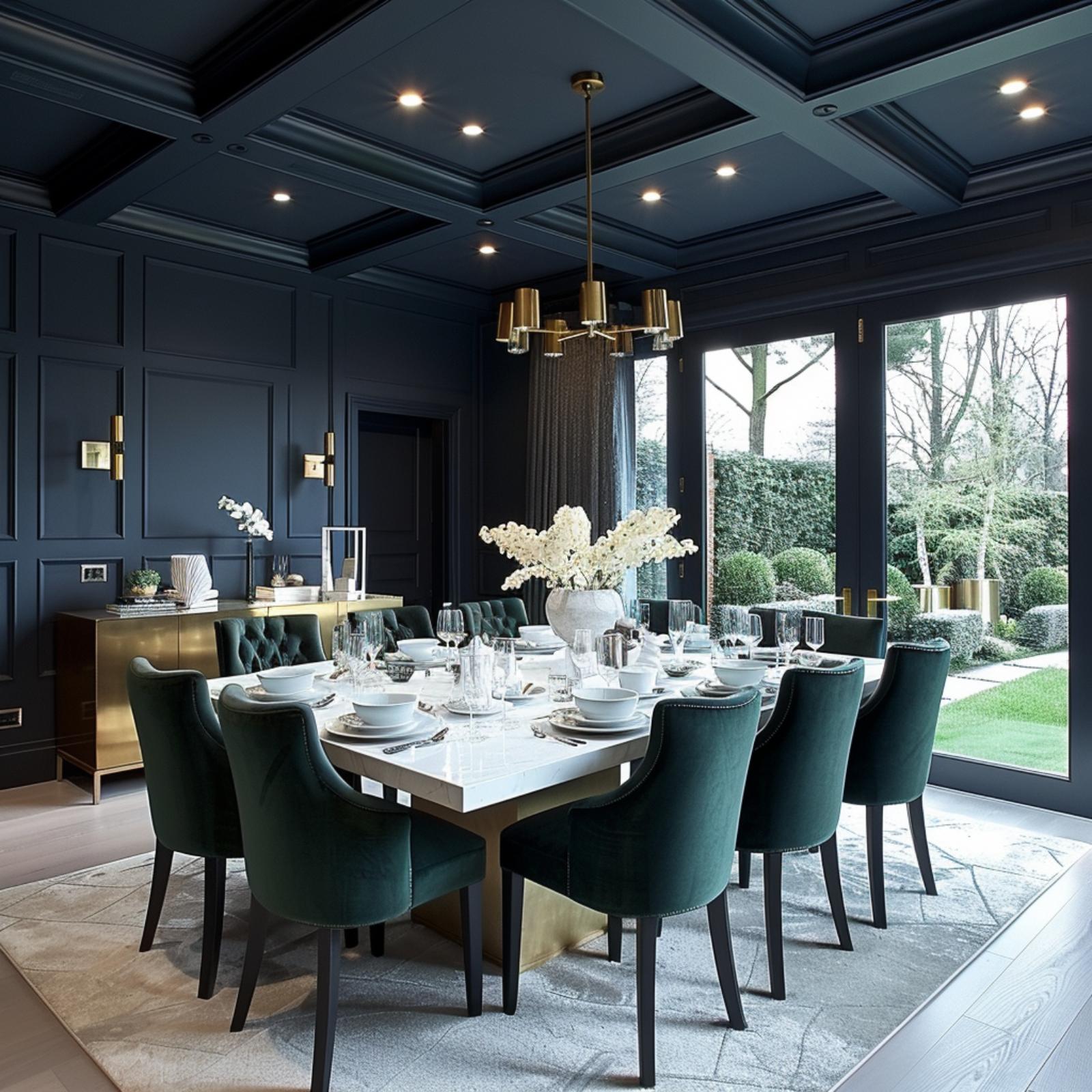 Coffered Midnight Ceiling, Forest Views, and Green Velvet That Doesn't Apologize