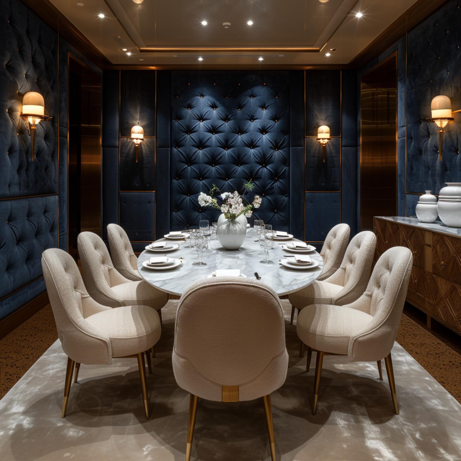 Tufted Velvet Walls, a Marble Table, and Midnight Navy That Brings the Night Inside
