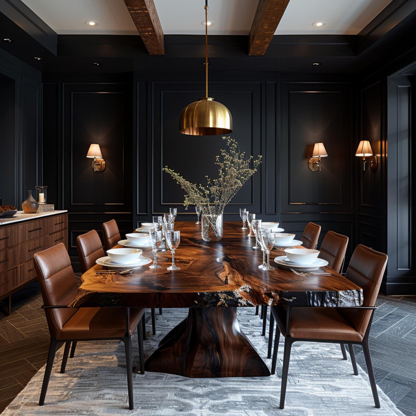 Live-Edge Walnut, Brass Dome Pendant, and Midnight Navy That Makes Dinner Feel Deliberate