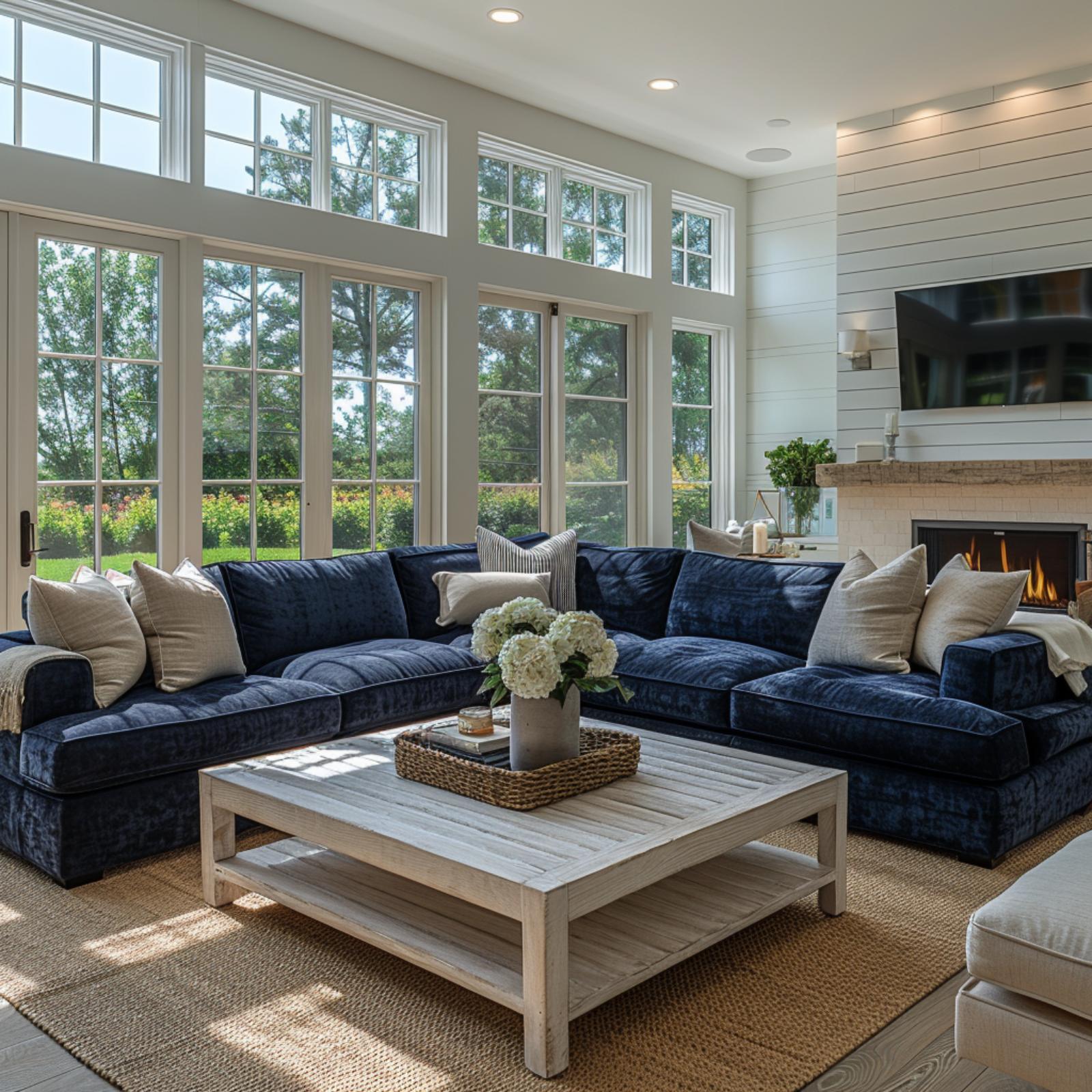 Navy Velvet Against Shiplap White: When a Sectional Actually Earns Its Square Footage