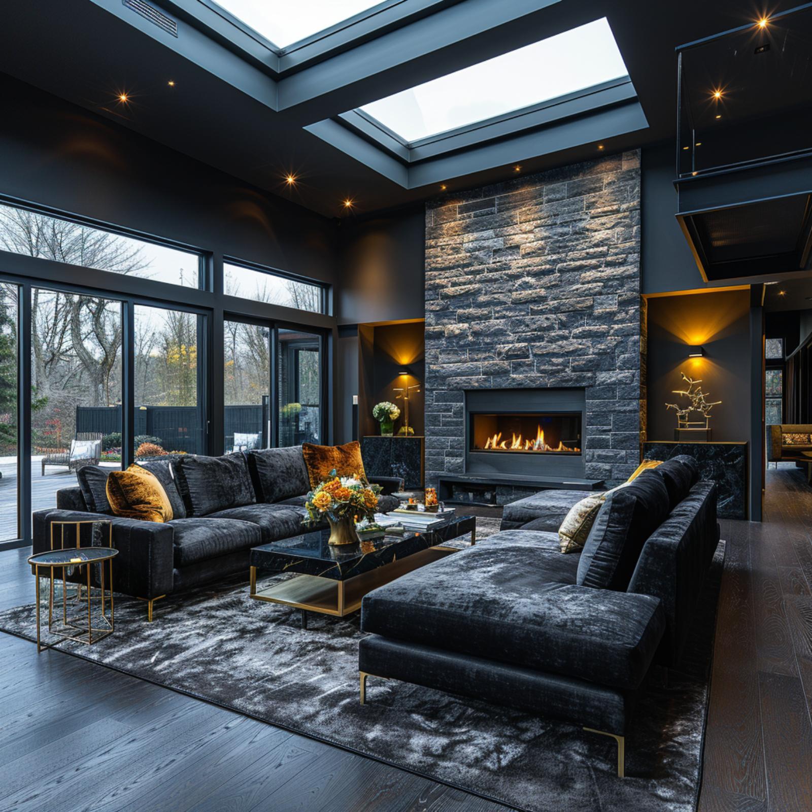 Dark Velvet, Skylights, and a Stone Fireplace That Anchors Everything