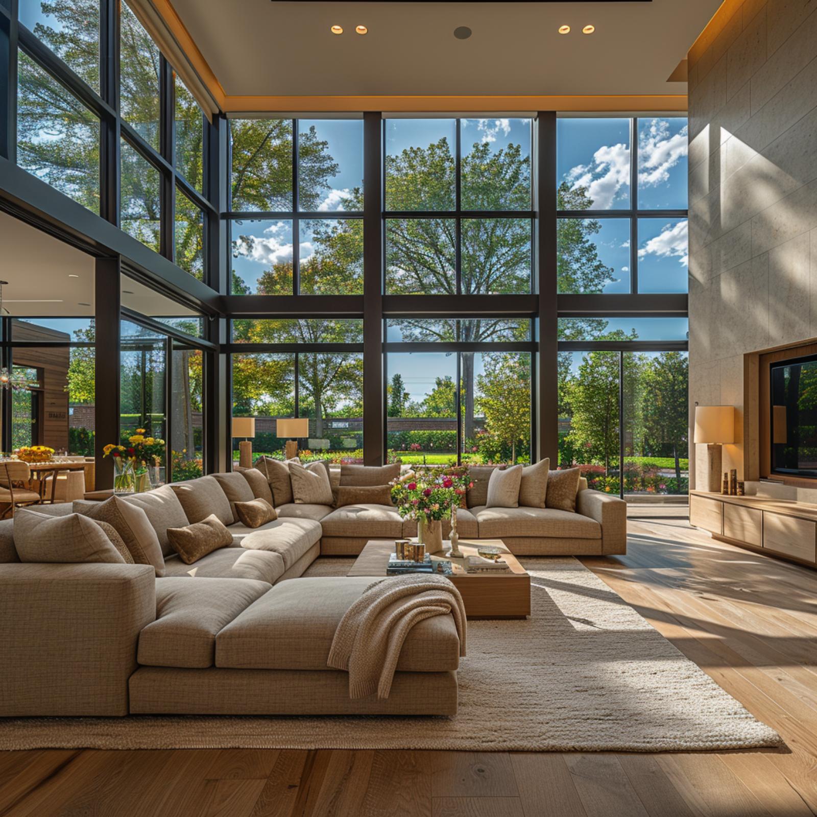 Beige Linen, Double-Height Glass, and Sunlight That Does All the Work
