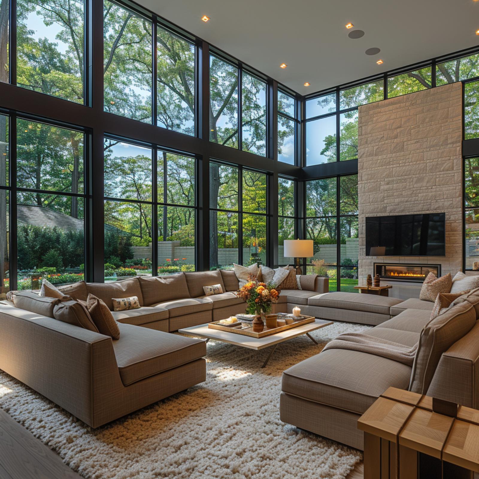 Double-Height Glass, Stone Fireplace, and a Sectional That Owns the Room