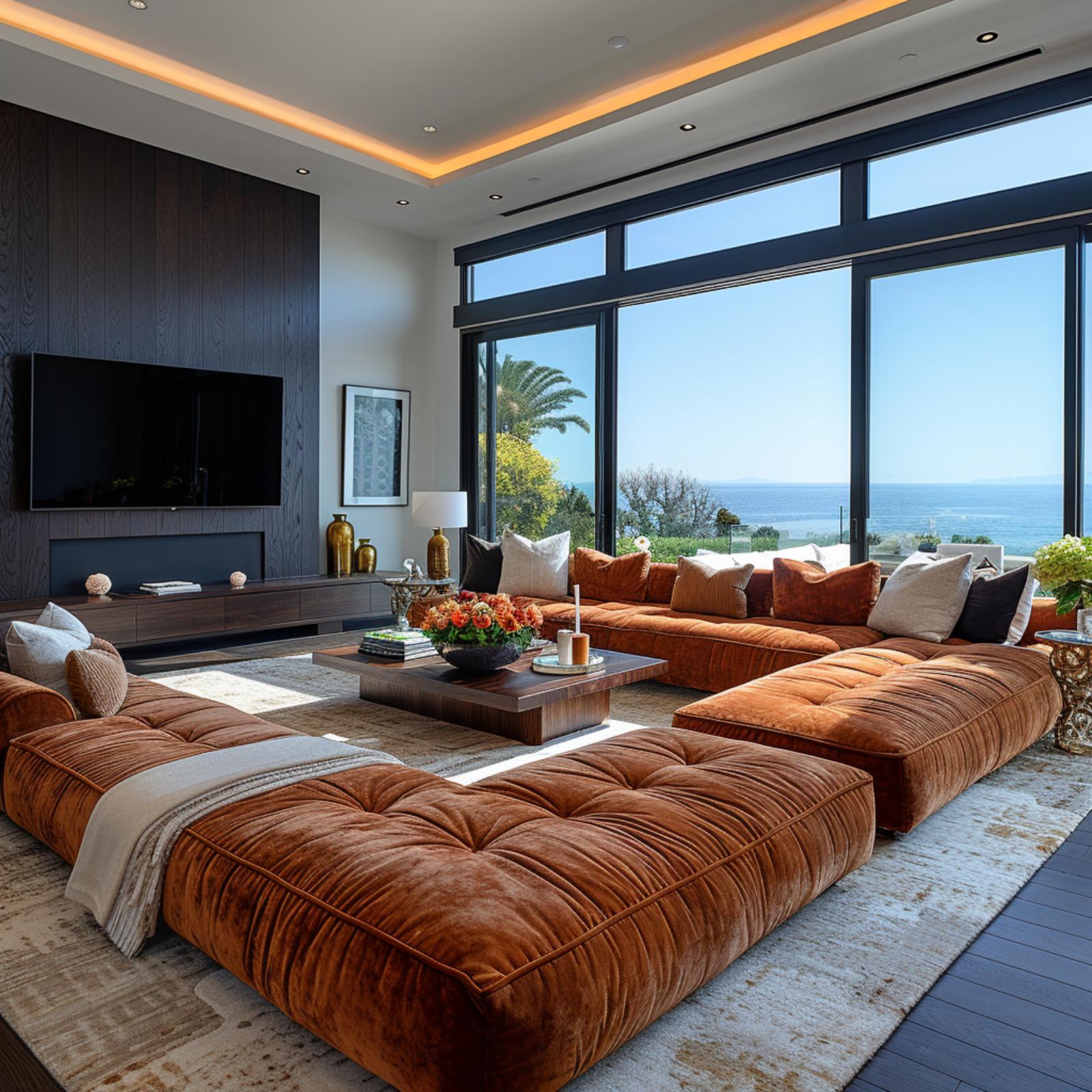 Tufted Rust Velvet, an Ocean View, and Cove Lighting That Ties It Together