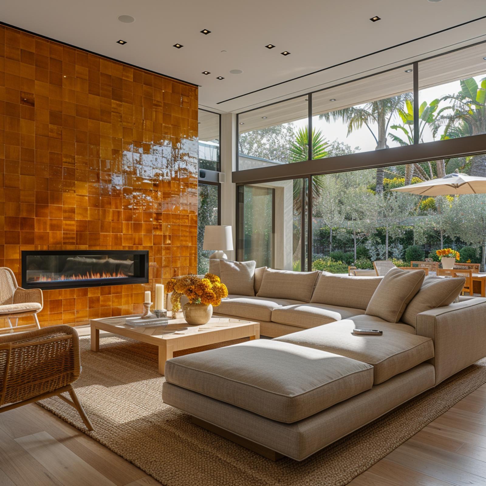 Amber Zellige, a Linear Fireplace, and Beige That Actually Holds Its Own
