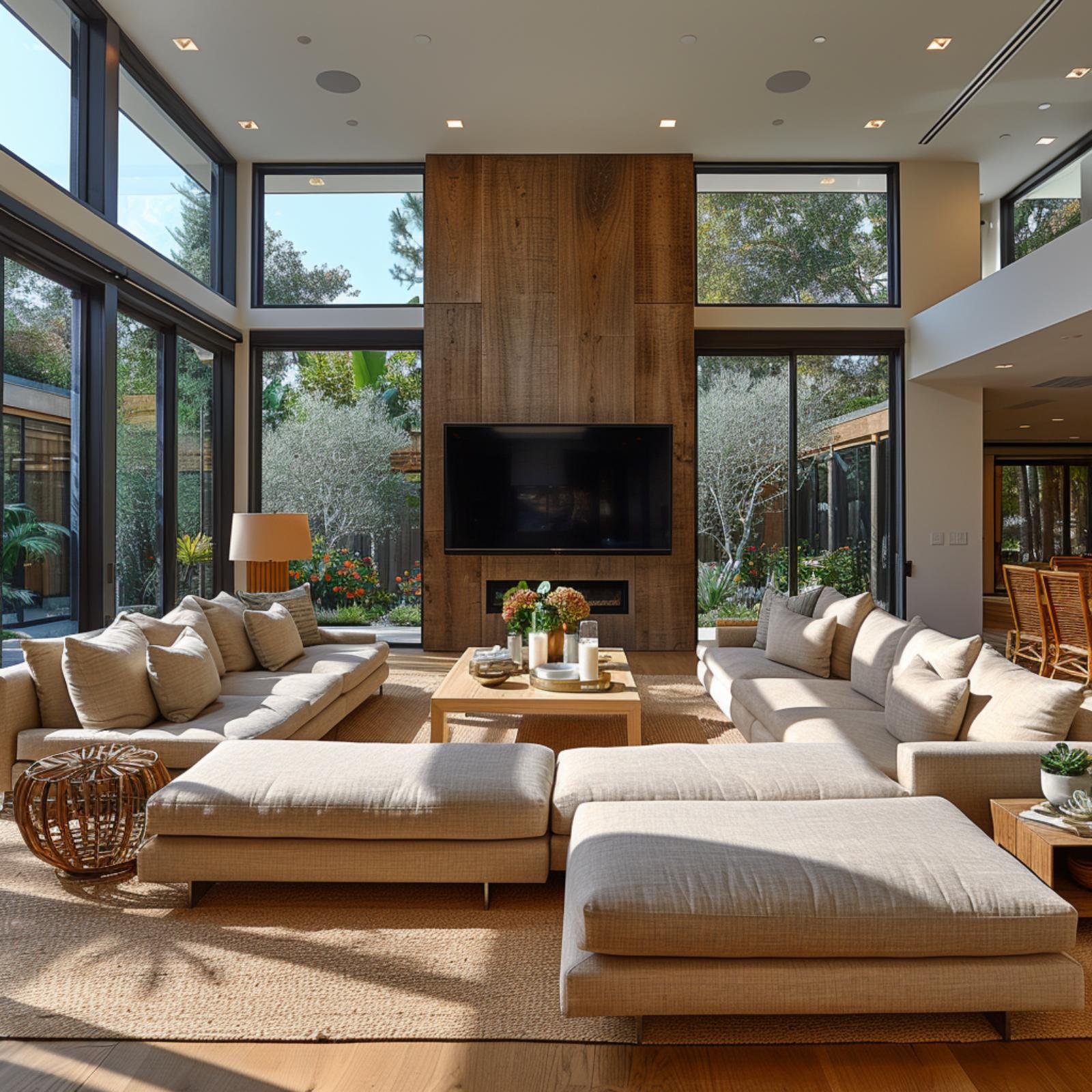 Walnut Cladding, Double-Height Glass, and Seating That Fills the Room Without Crowding It