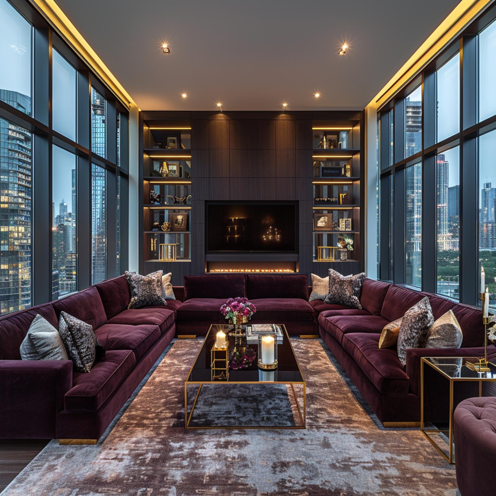 Plum Velvet, Gold-Frame Glass, and a Skyline That Does Half the Decorating