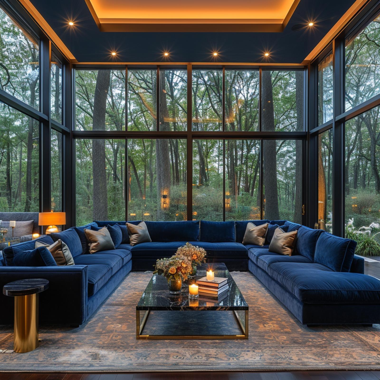Navy Velvet, Floor-to-Ceiling Glass, and a Forest That Moves In