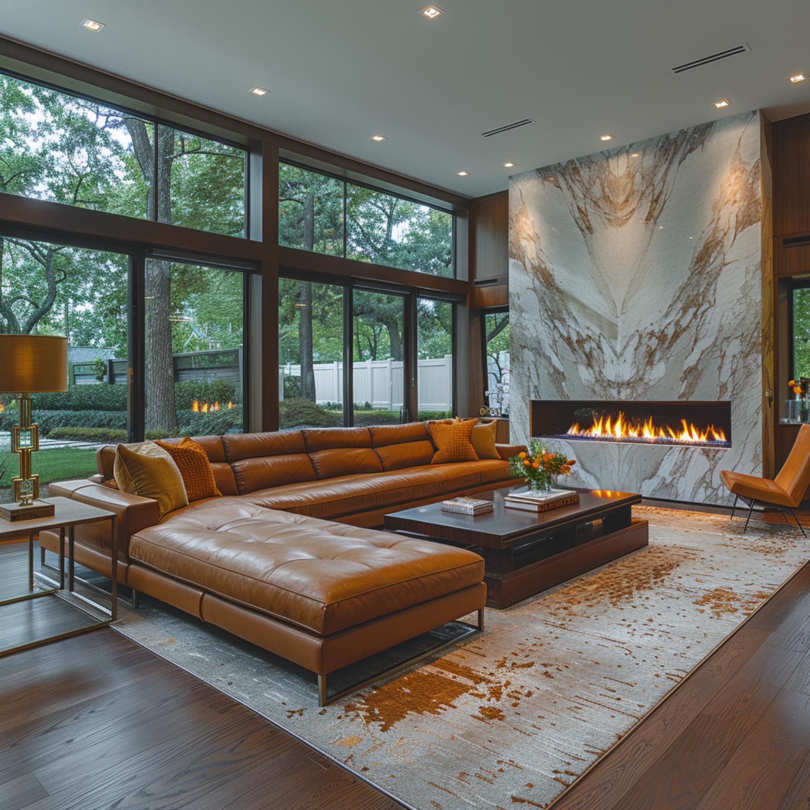 Cognac Leather, Marble Fire Wall, and Double-Height Glass That Refuses to Compete