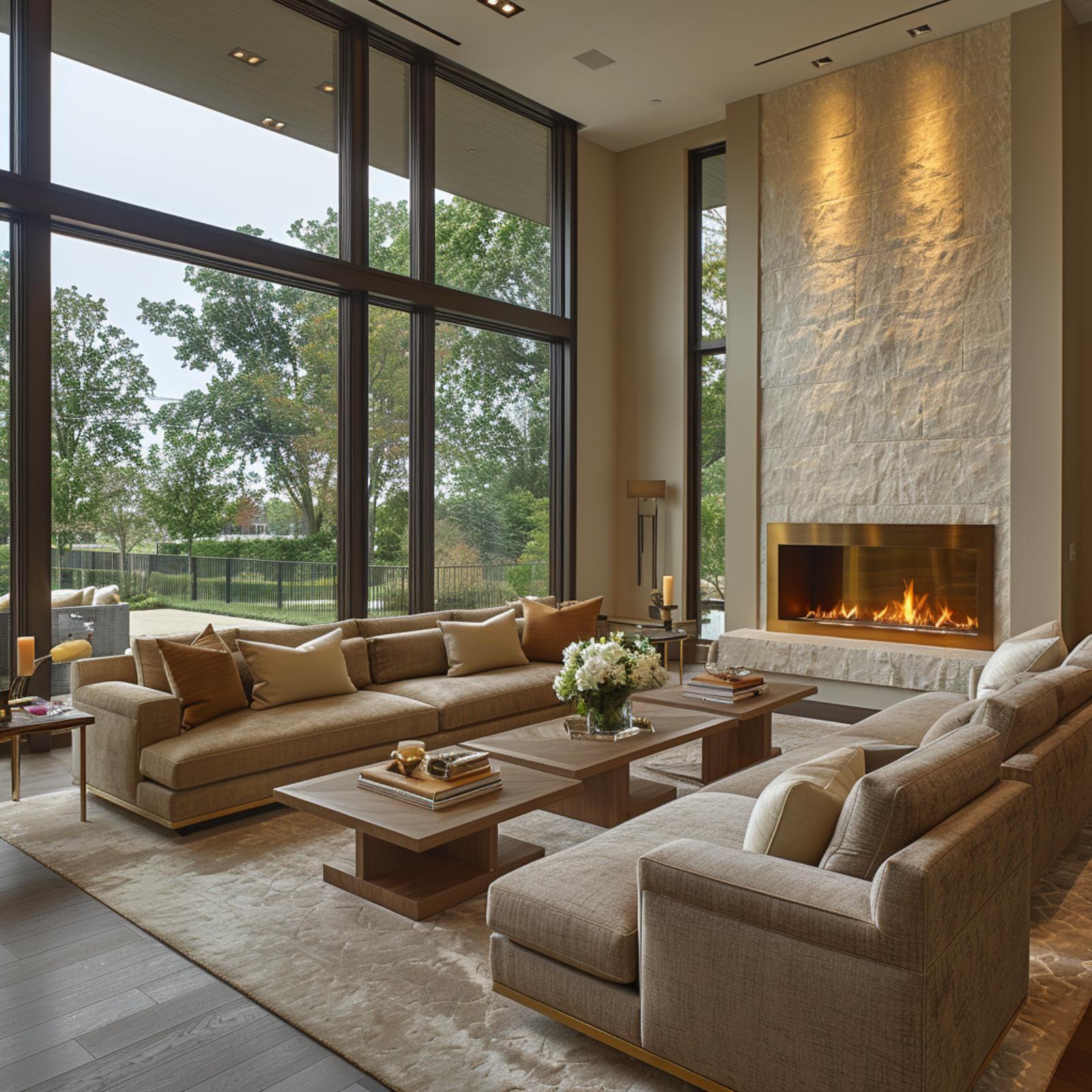 Stone Fireplace Wall, Tan Sectionals, and Double-Height Glass That Pull in Opposite Directions