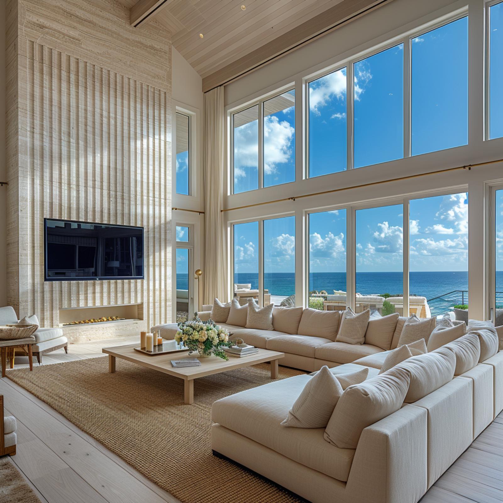 Travertine Wall, Double-Height Glass, and an Ocean View That Earns Its Place