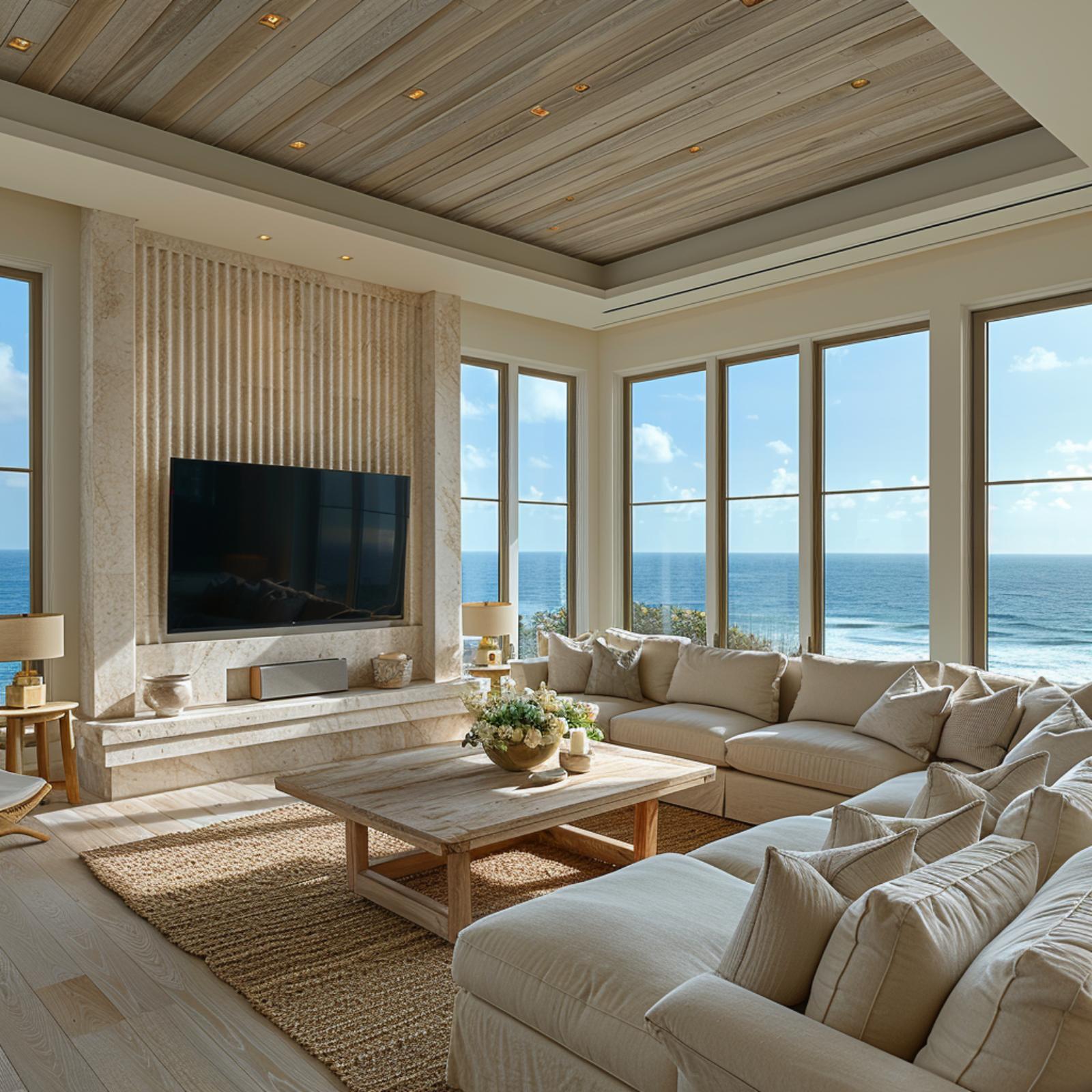Linen Sectional, Fluted Travertine, and an Ocean View That Doesn't Need Help