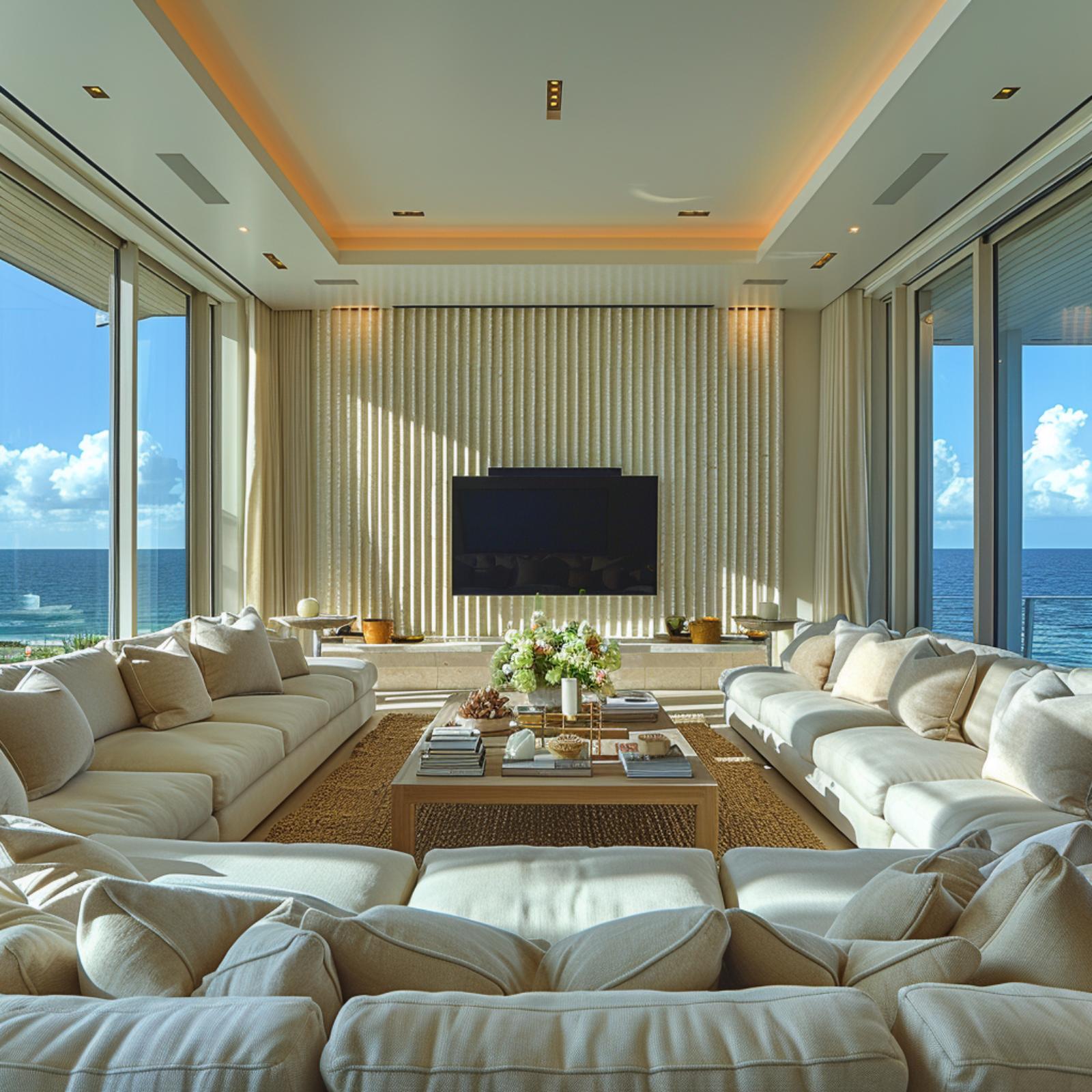 Fluted Wall Panel, Four-Sofa Arrangement, and an Ocean That Wins Every Argument