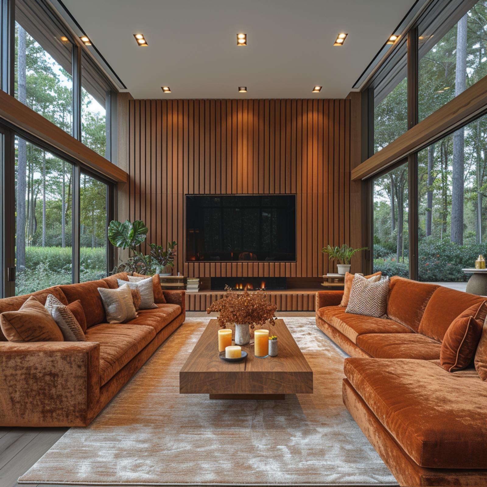 Two Burnt-Orange Sofas, One Slatted Wall, and a Forest That Won't Let You Look Away