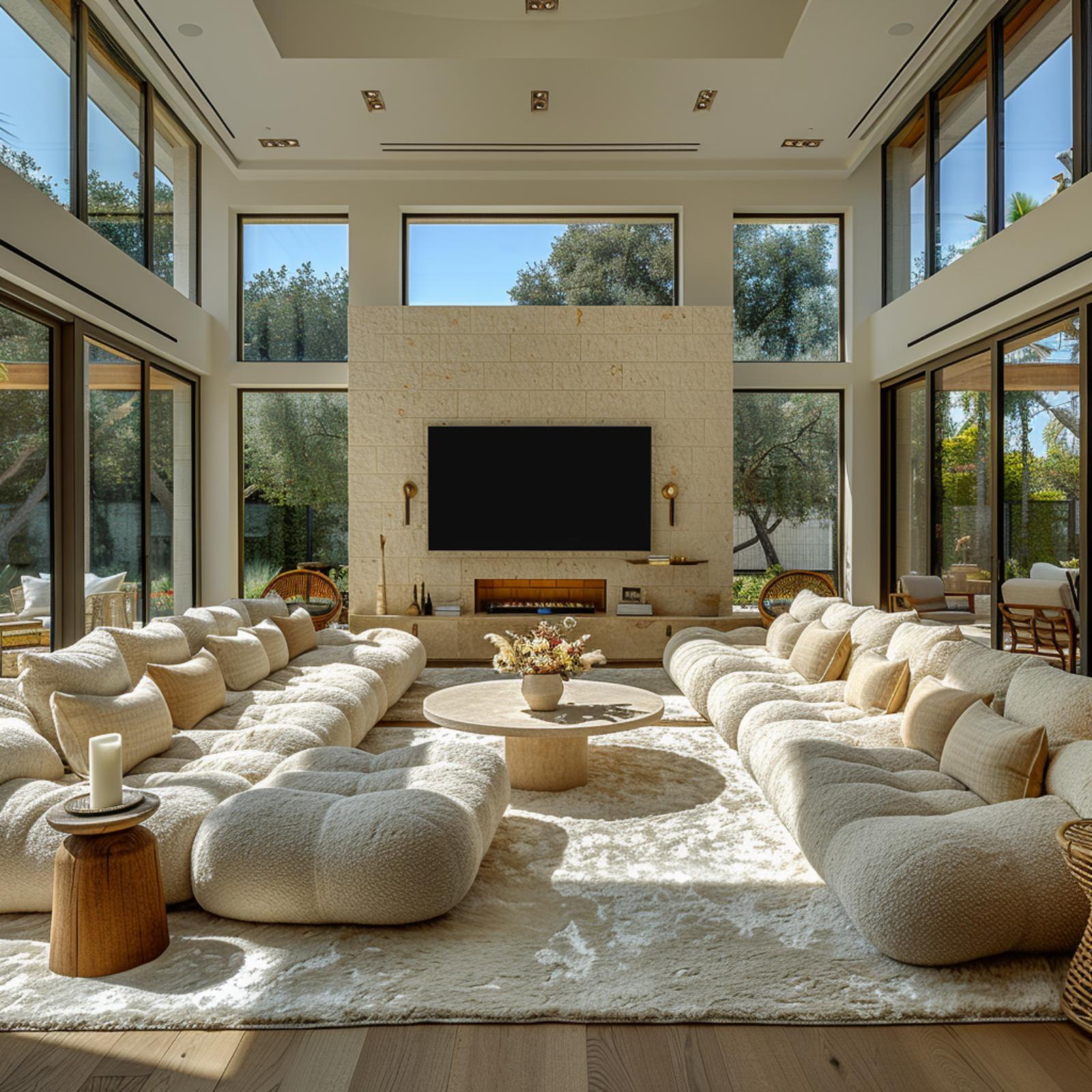 Bouclé, Travertine, and a Fireplace Wall That Keeps the Room from Floating Away