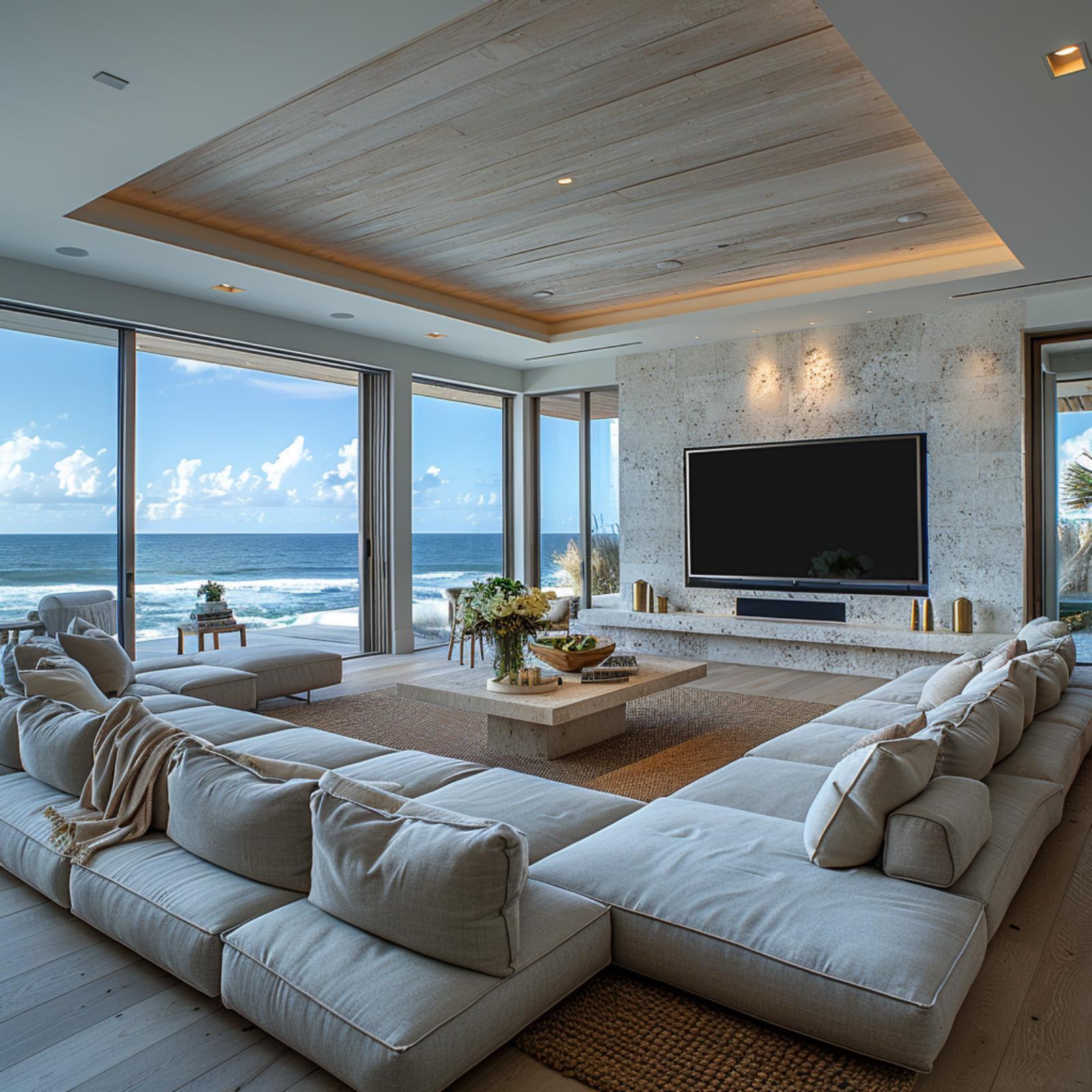 Bleached Wood Ceiling, Stone TV Wall, and an Ocean That Competes With the Screen