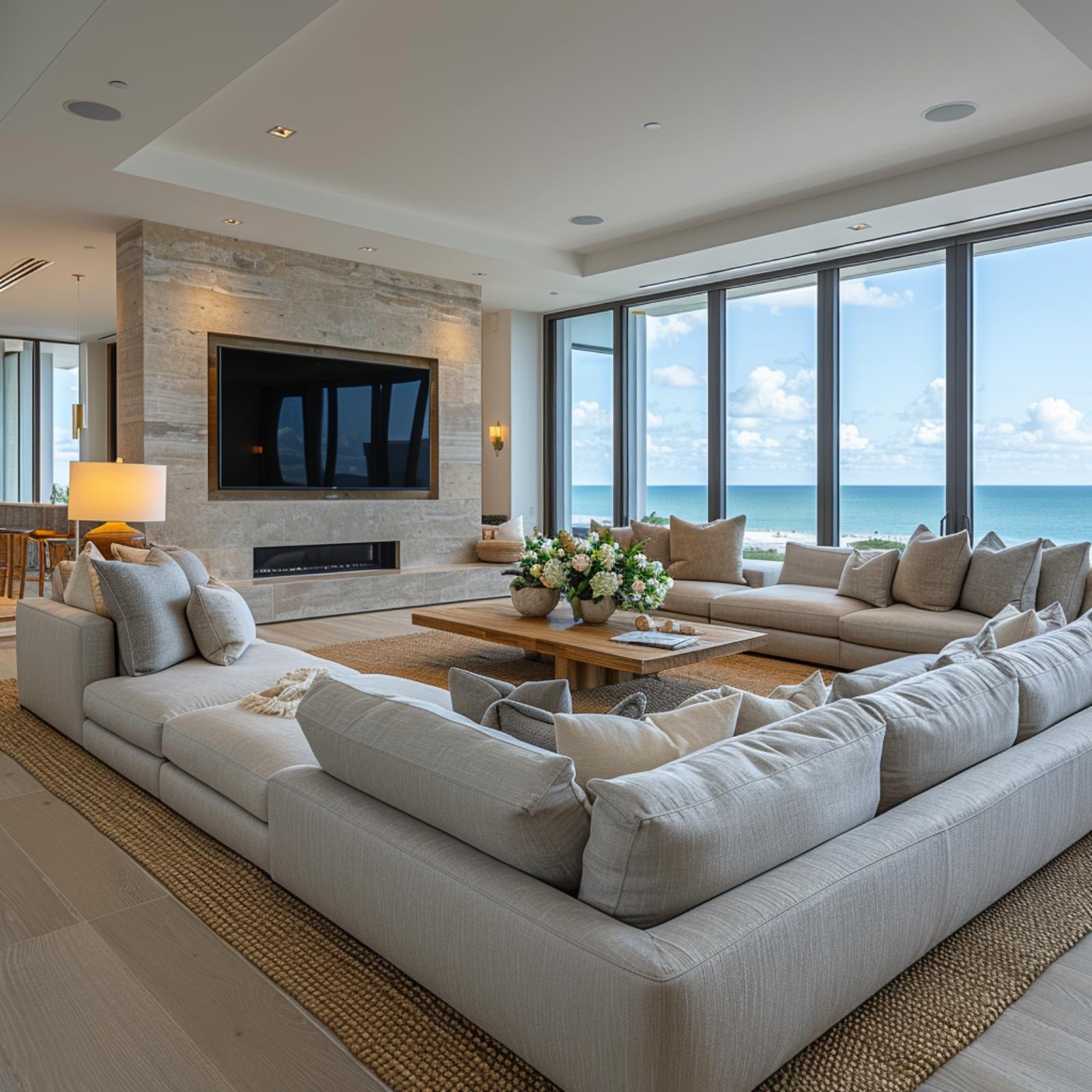Travertine Fireplace Wall, a U-Shaped Sectional, and Ocean Glass That Renders the TV Pointless